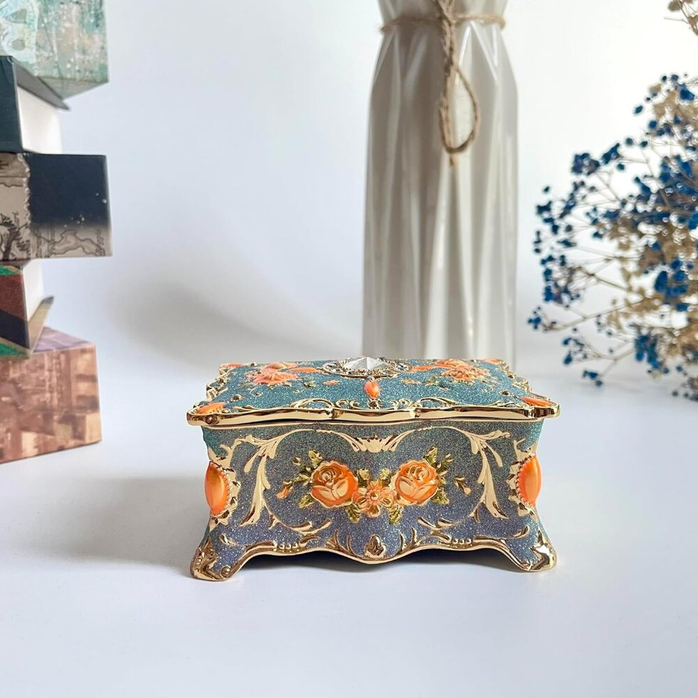 Jewelry Box Metal Trinket Vintage Gemstone Storage Chest Vanity Colorful